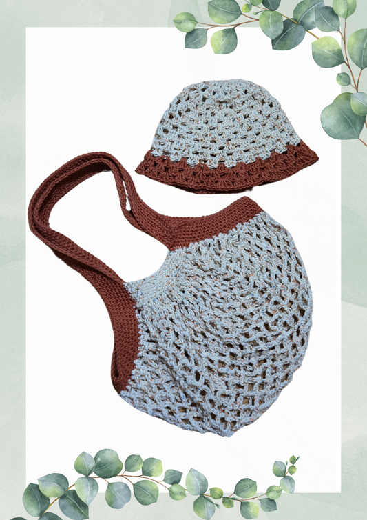 Crochet market bag and bucket hat set.